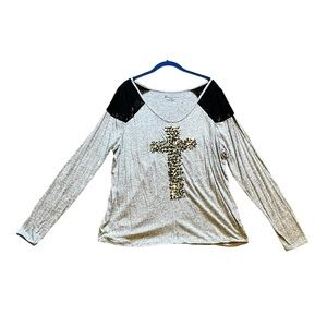Lane Bryant Women’s Long Sleeve Top With Floral Lace Shoulders and Sparkly Cross